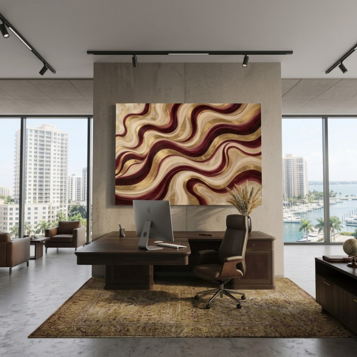 Flowing Waves – Burgundy & Gold Abstract Wall Art | Luxury Canvas Print