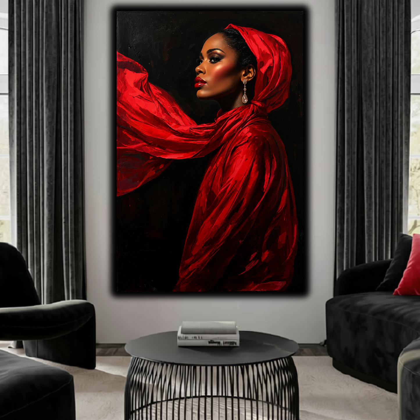 Black Woman Wall Art – Lady in Red Canvas Print | Elegant Afrocentric Home Decor