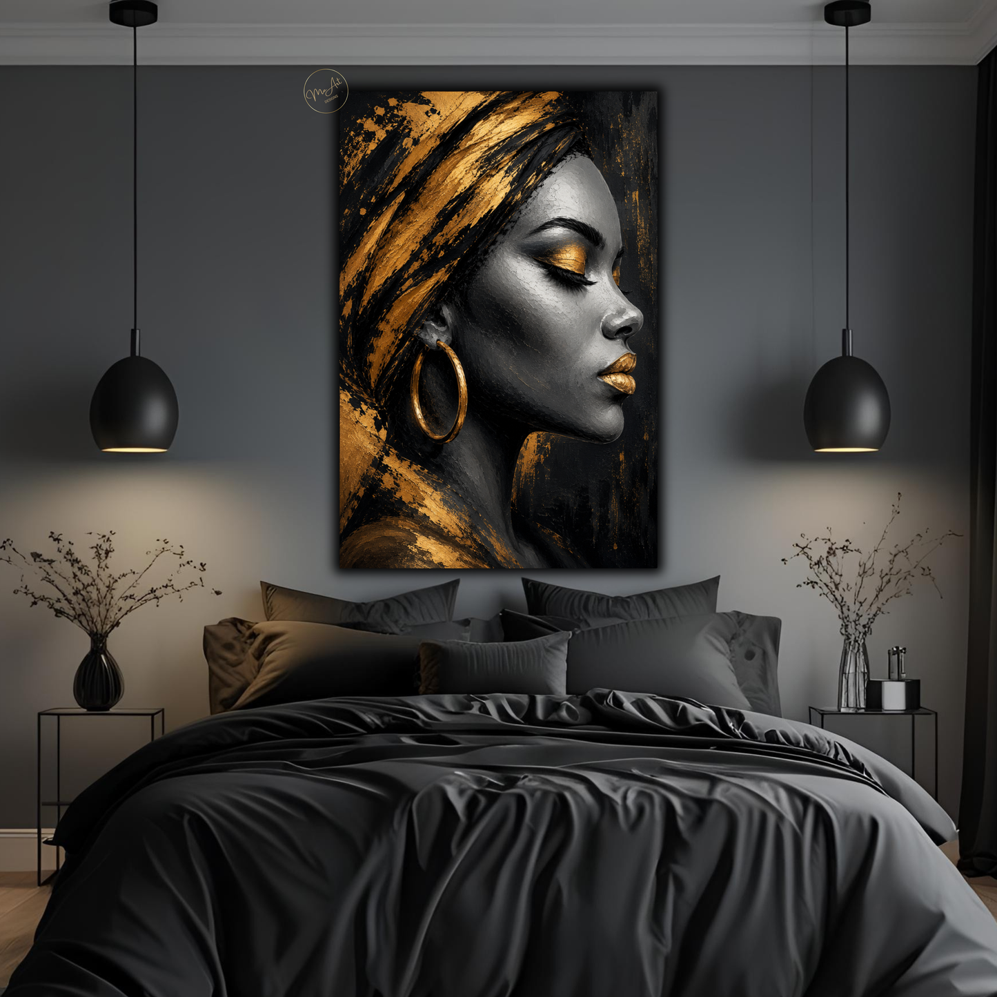 Black Woman Wall Art – Luxury Black & Gold Afrocentric Portrait Canvas Print