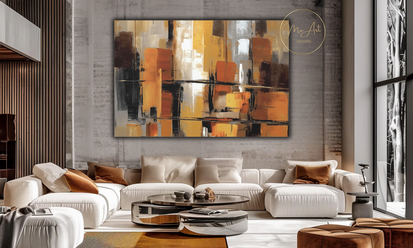 Modern Abstract Canvas Wall Art in Black, Beige, Gold & Rust