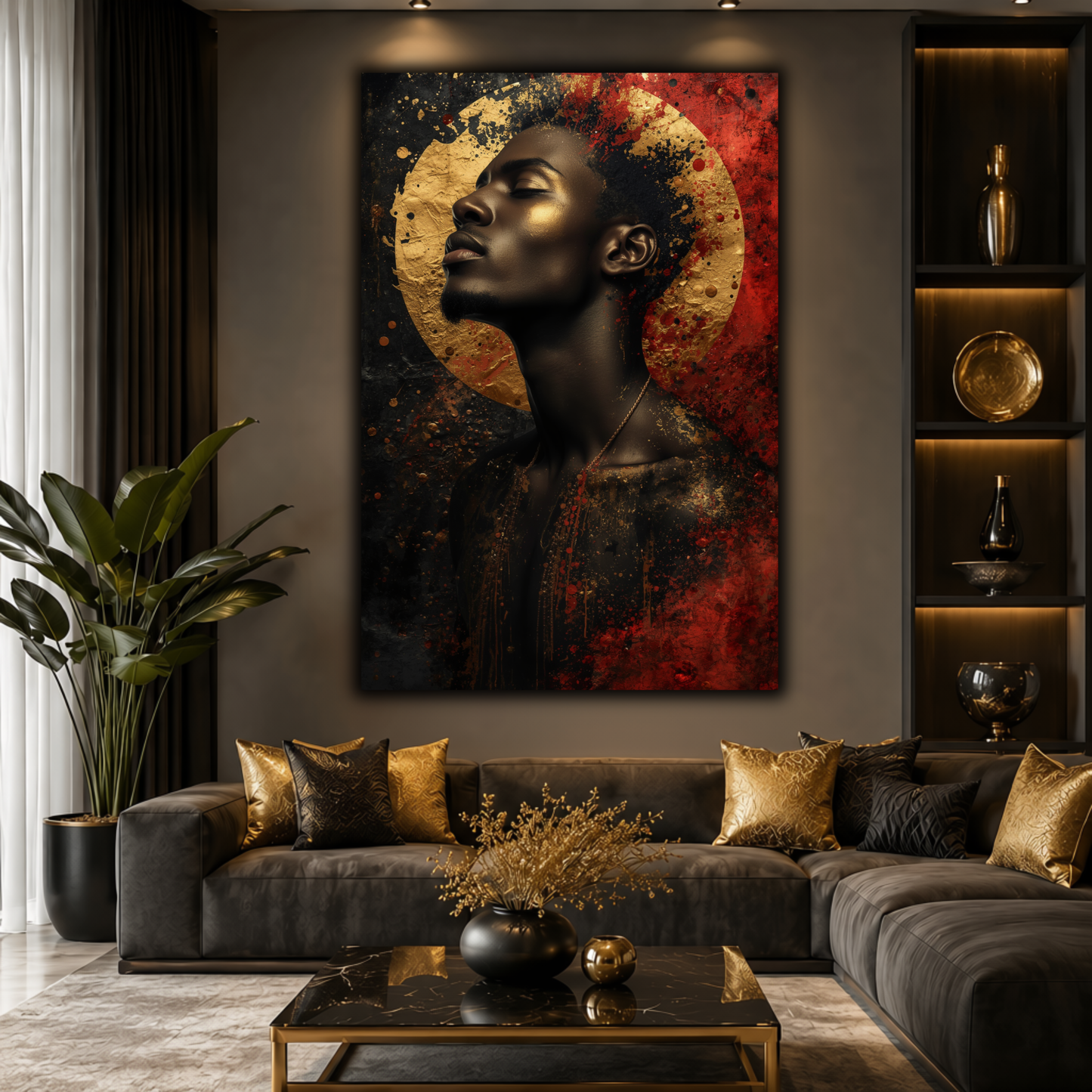 Black Man Wall Art – Abstract Black, Gold & Red Afrocentric Canvas Print