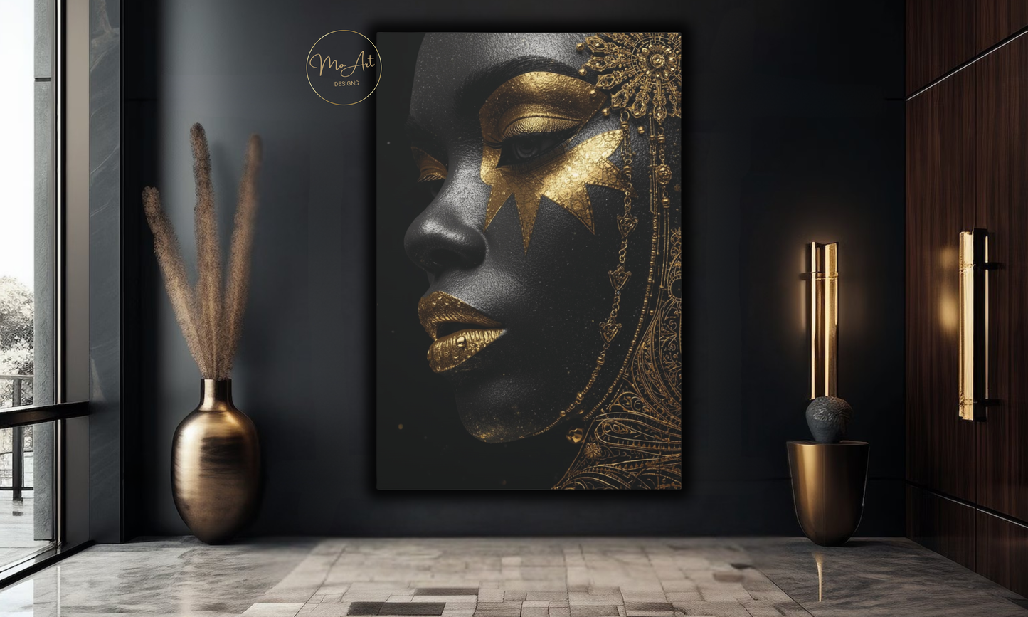 Black Woman Wall Art – Celestial Queen in Black & Gold / Canvas Print