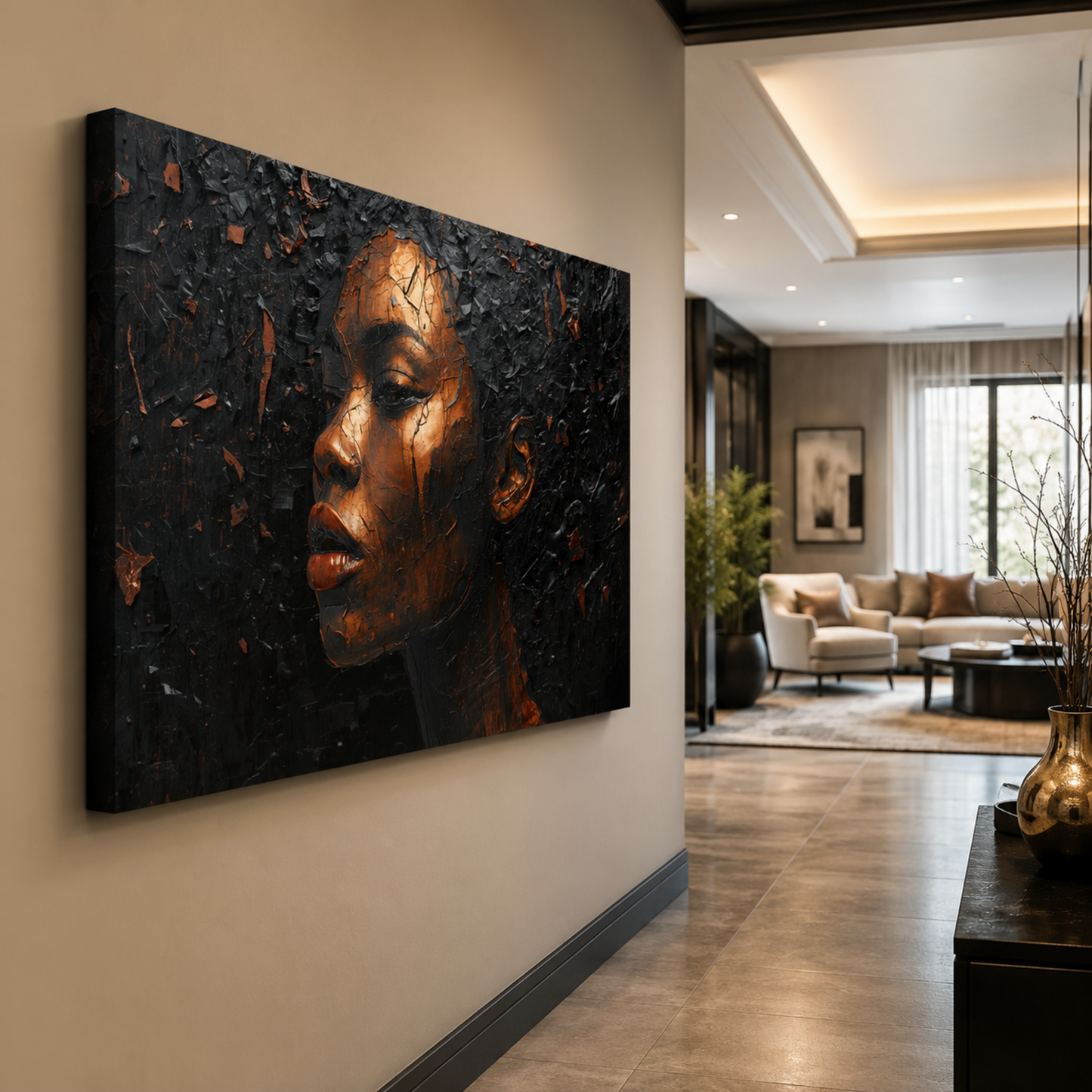 Black Woman Wall Art – Black & Copper Afrocentric Canvas Print | Luxury African American Portrait Wall Decor