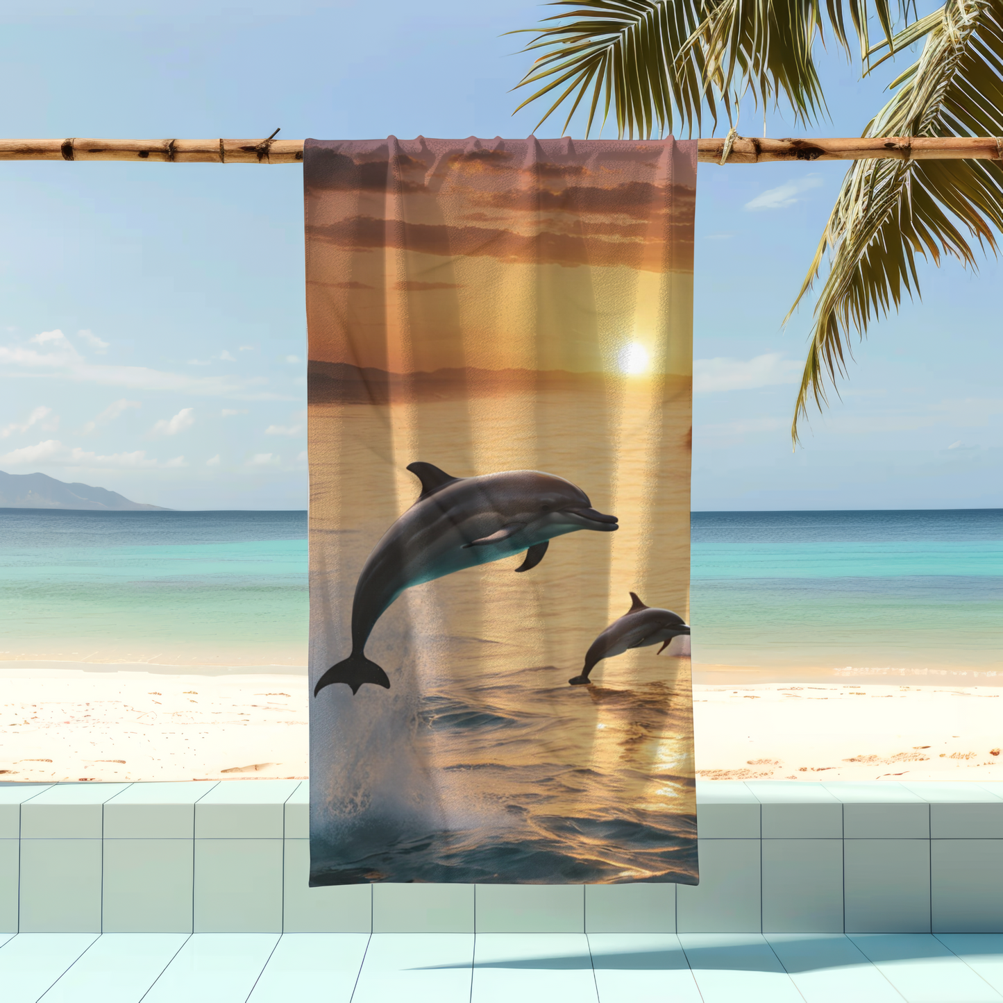 Dolphins Swimming in Ocean Sunset -  Beach Towel