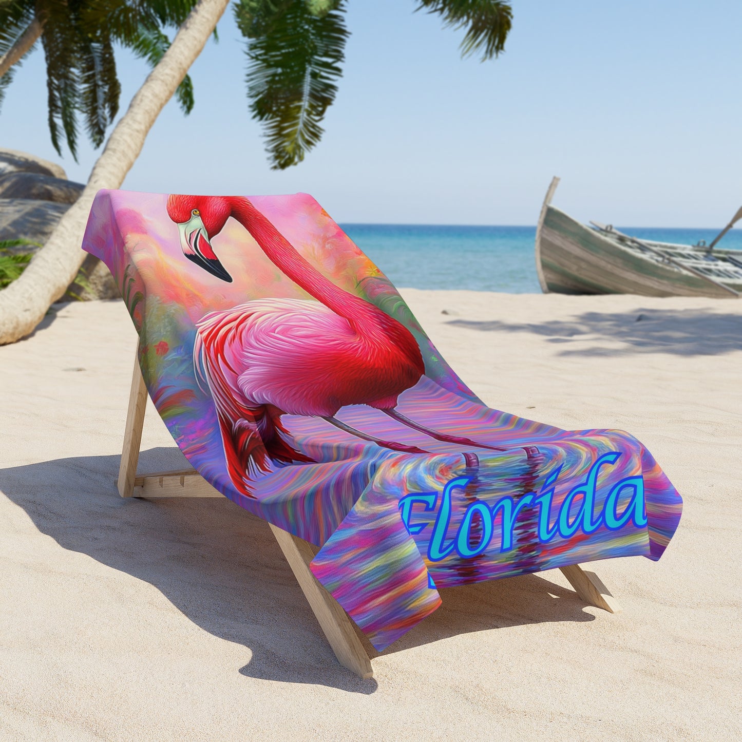 Colorful Pink Flamingo Florida - Beach Towel