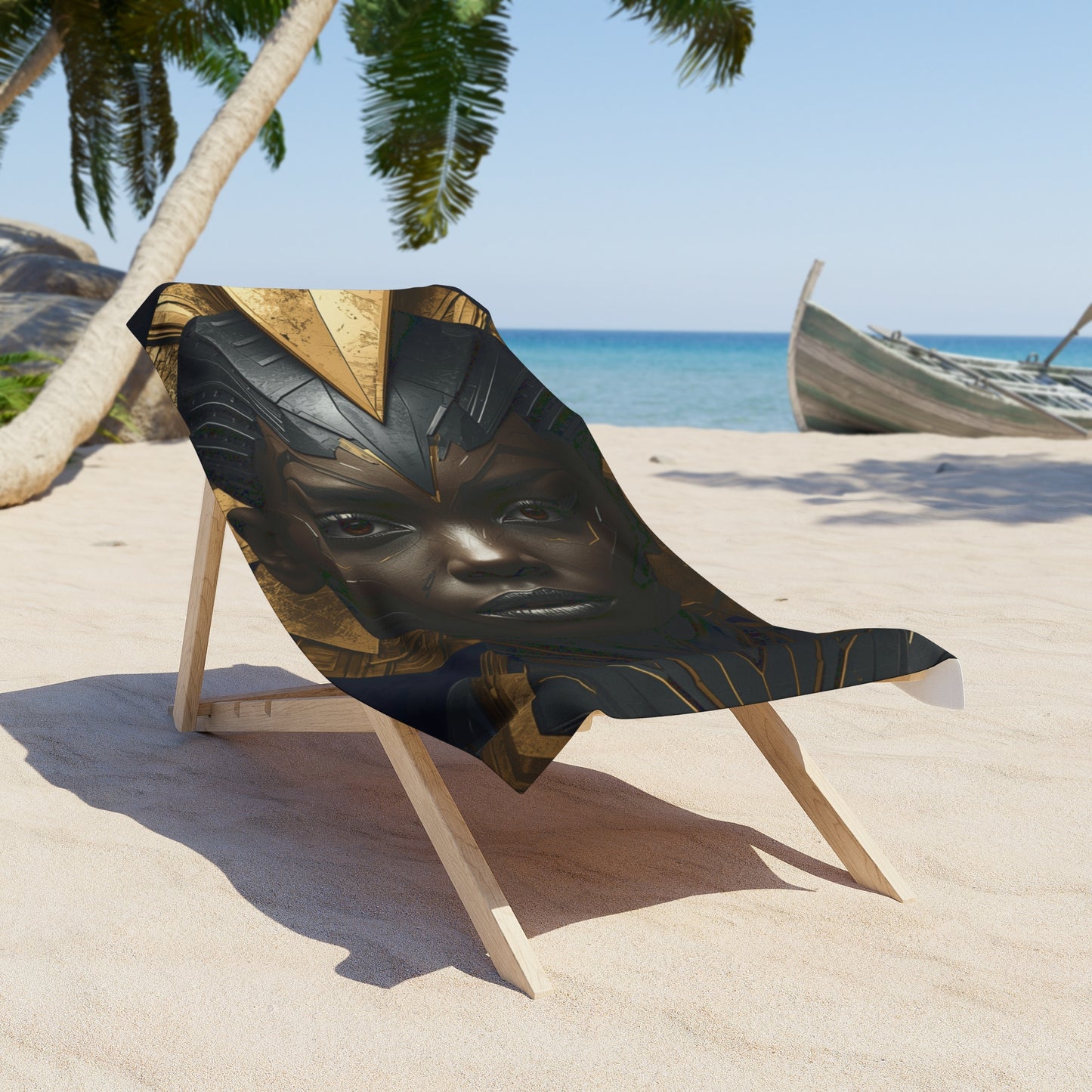 Black Woman Beach Towel / Bold African Warrior Goddess | Premium Black & Gold