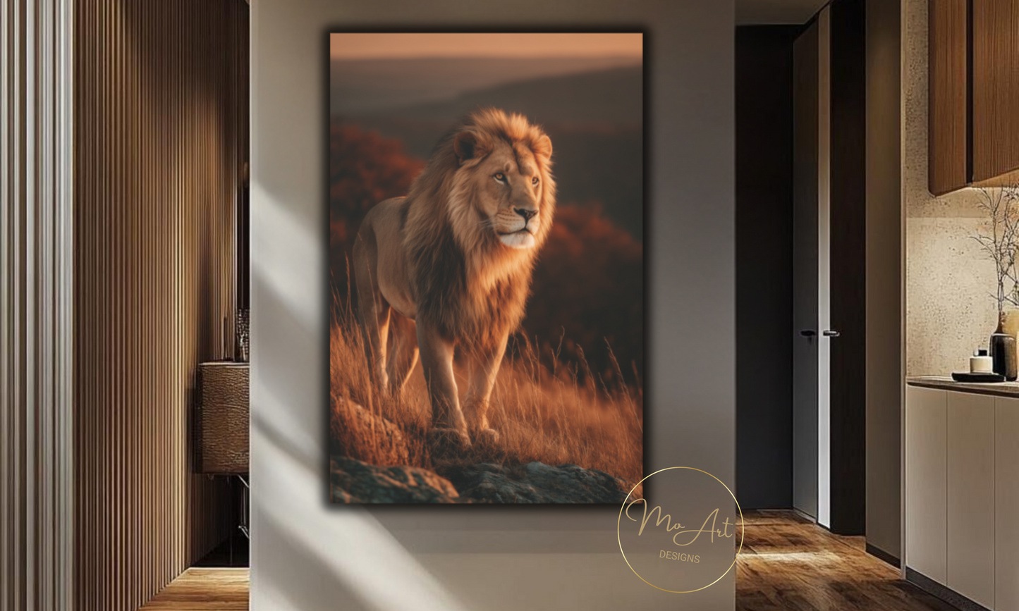 Majestic Lion Canvas Wall Art – Regal Wildlife Print at Sunset