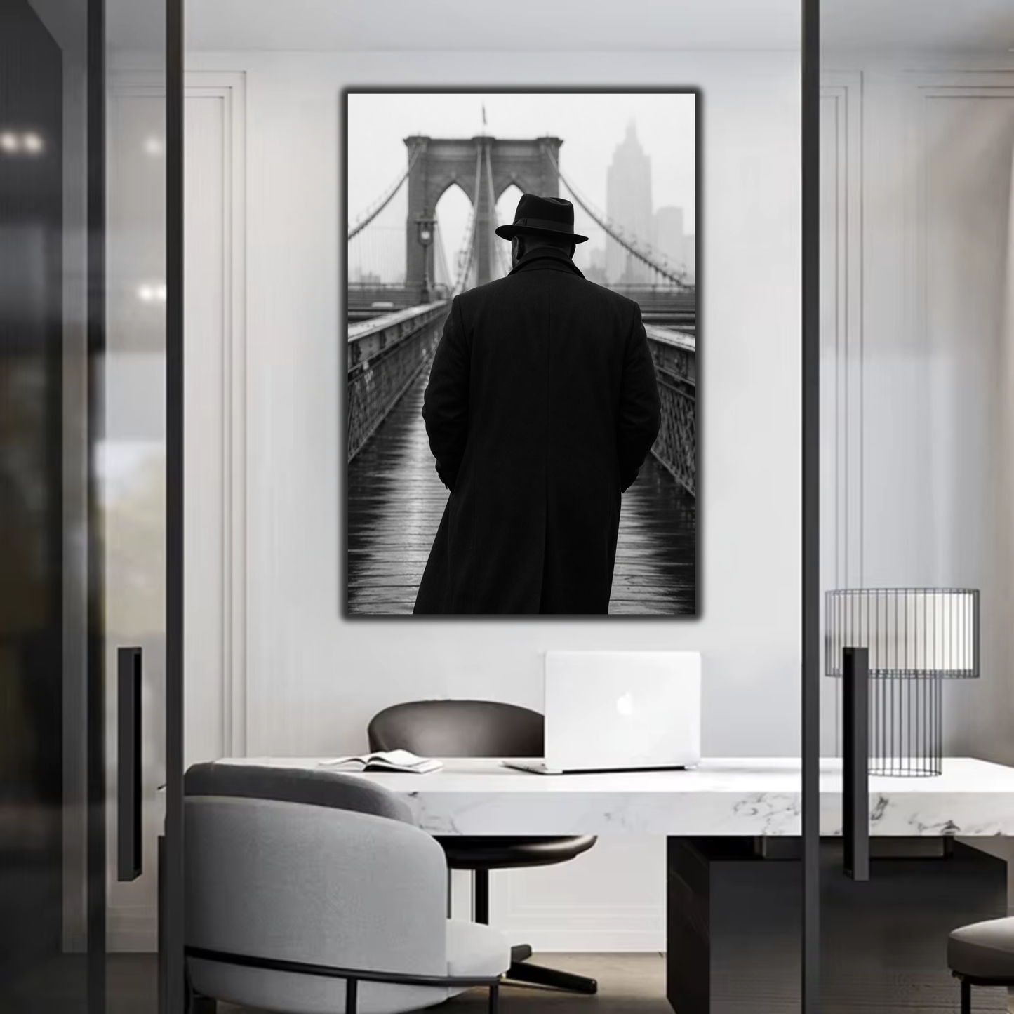 African American Man NYC Wall Art | Brooklyn Bridge Black & White Canvas Print