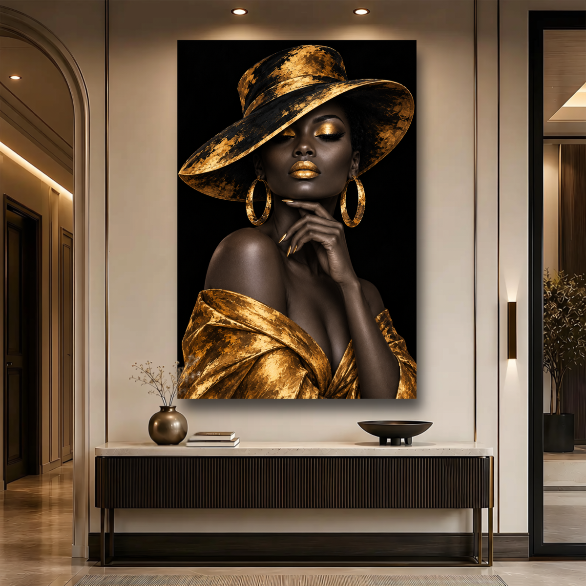 Black Woman Wall Art – Midnight Majesty | Black & Gold Afrocentric Luxury Canvas Print