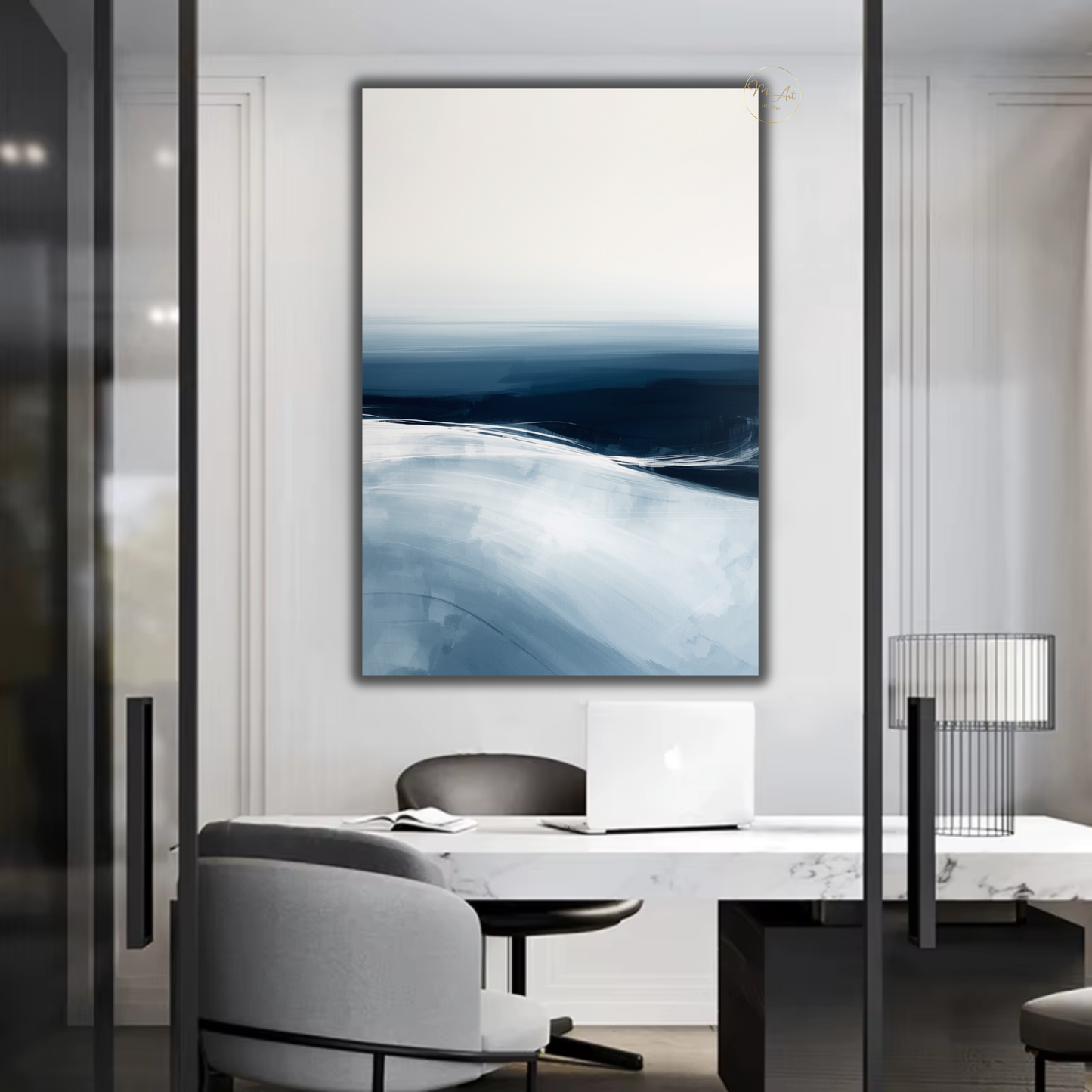 Blue Ocean Abstract Wall Art – Minimalist Coastal Canvas Print in Navy & White