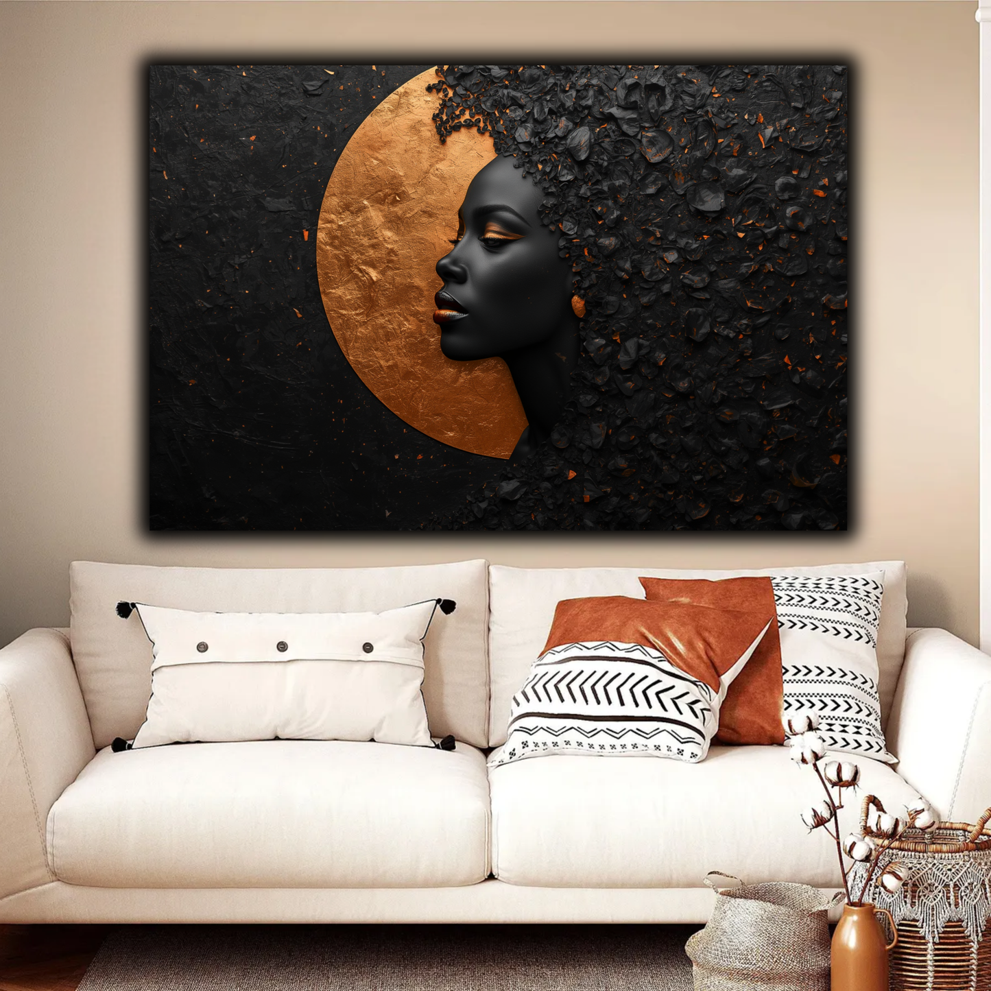 Black Woman Wall Art – Abstract Afrocentric Portrait in Black & Copper | Luxury African American Canvas Print