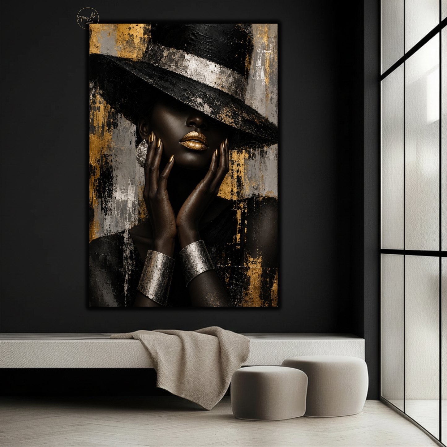 Black Woman Wall Art – Glamorous Black, Gold & Silver Abstract Canvas Print