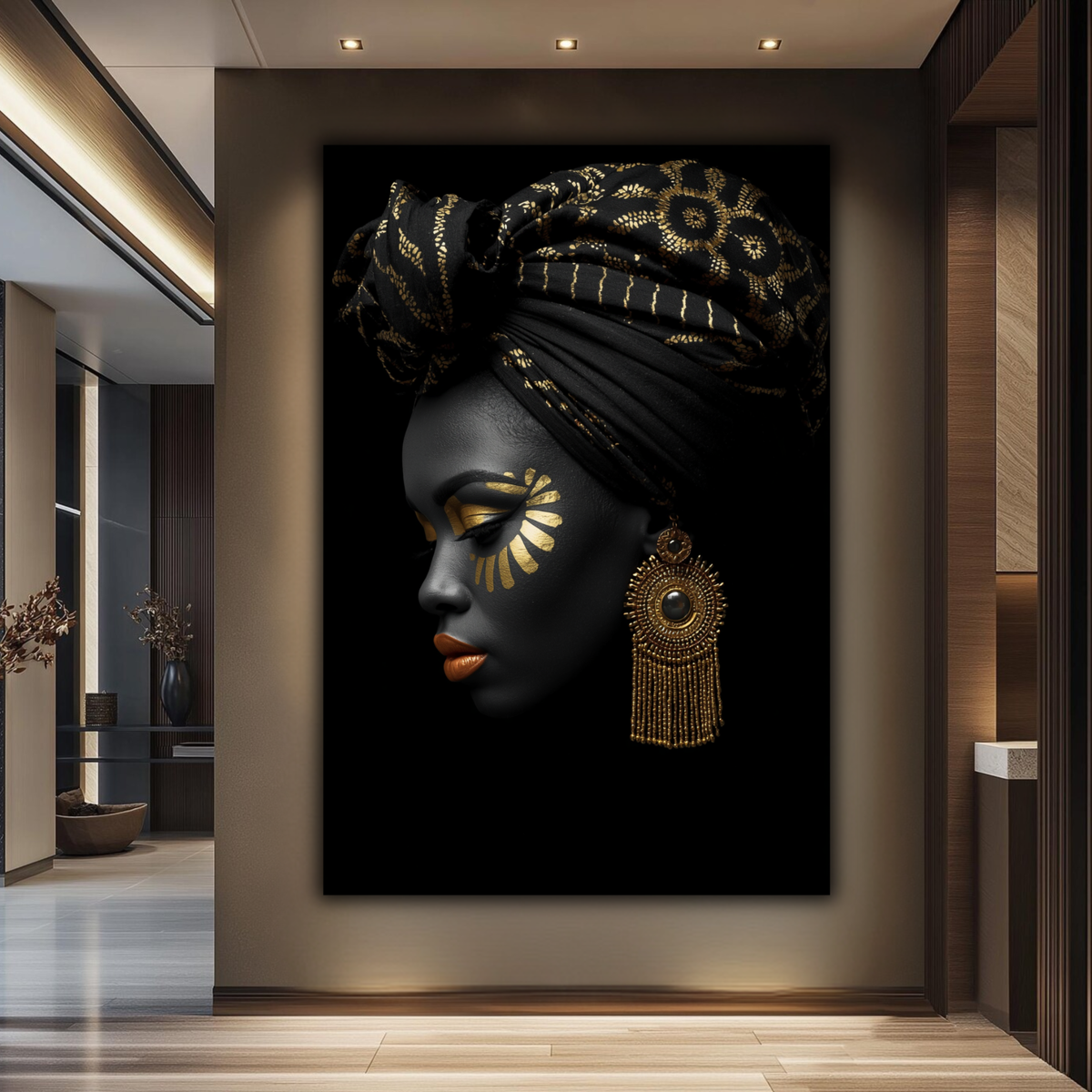 Black Woman Wall Art – Regal Radiance Black & Gold Canvas Print | Afrocentric Home Decor