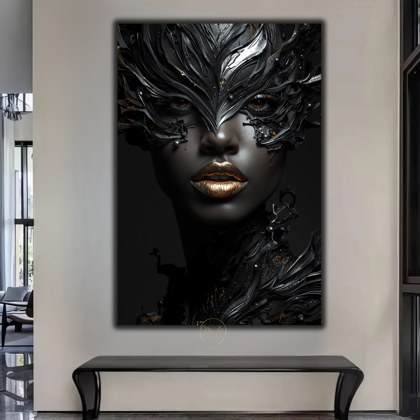 Afrocentric Black Woman Wall Art – Modern Black, Silver & Gold Abstract Canvas Print