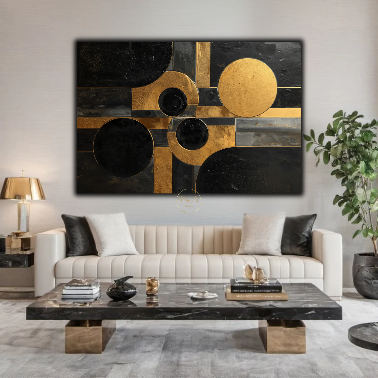 Black & Gold Geometric Abstract Wall Art – Luxury Modern Circle & Square Canvas Print