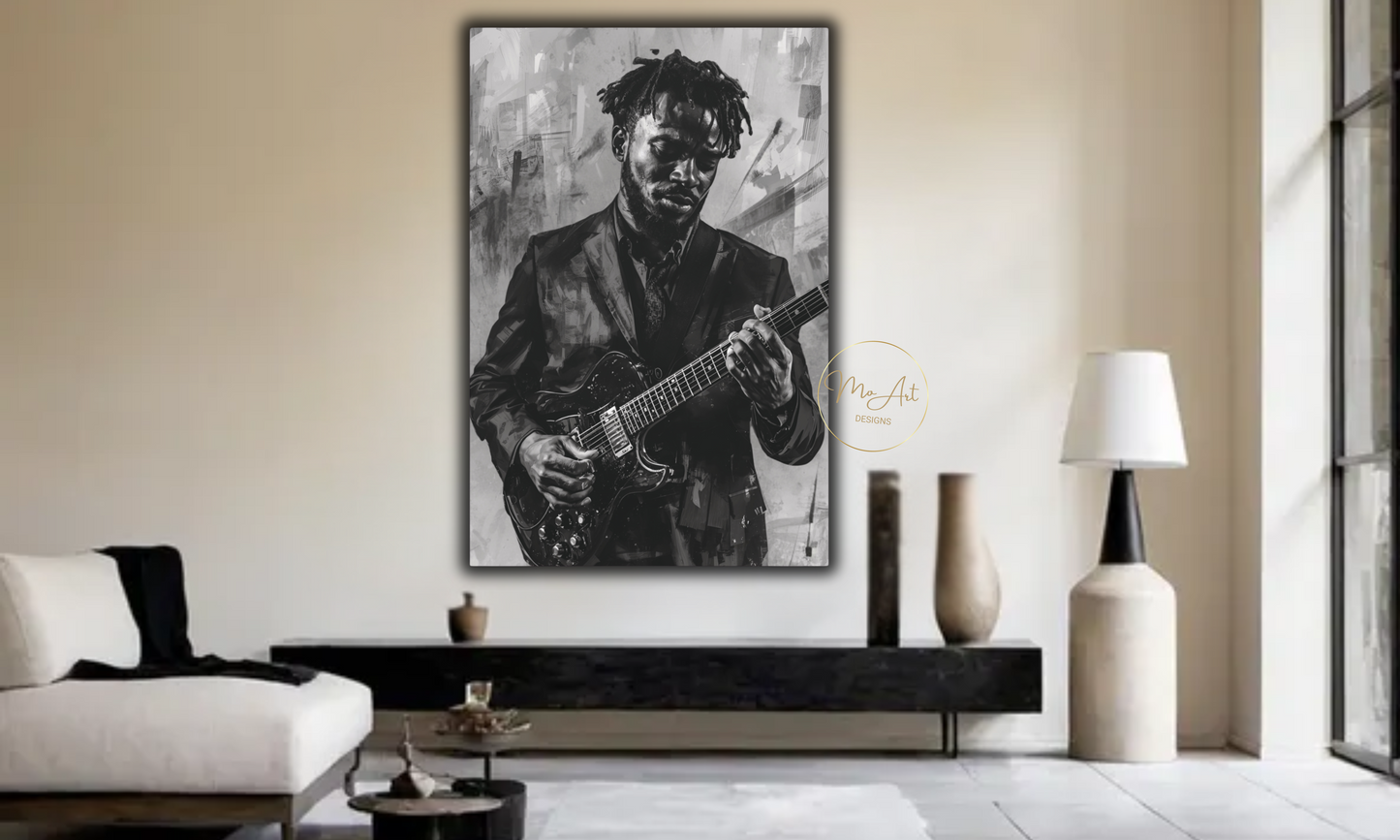 Soulful Strings - Black Guitarist - Canvas Wall Art