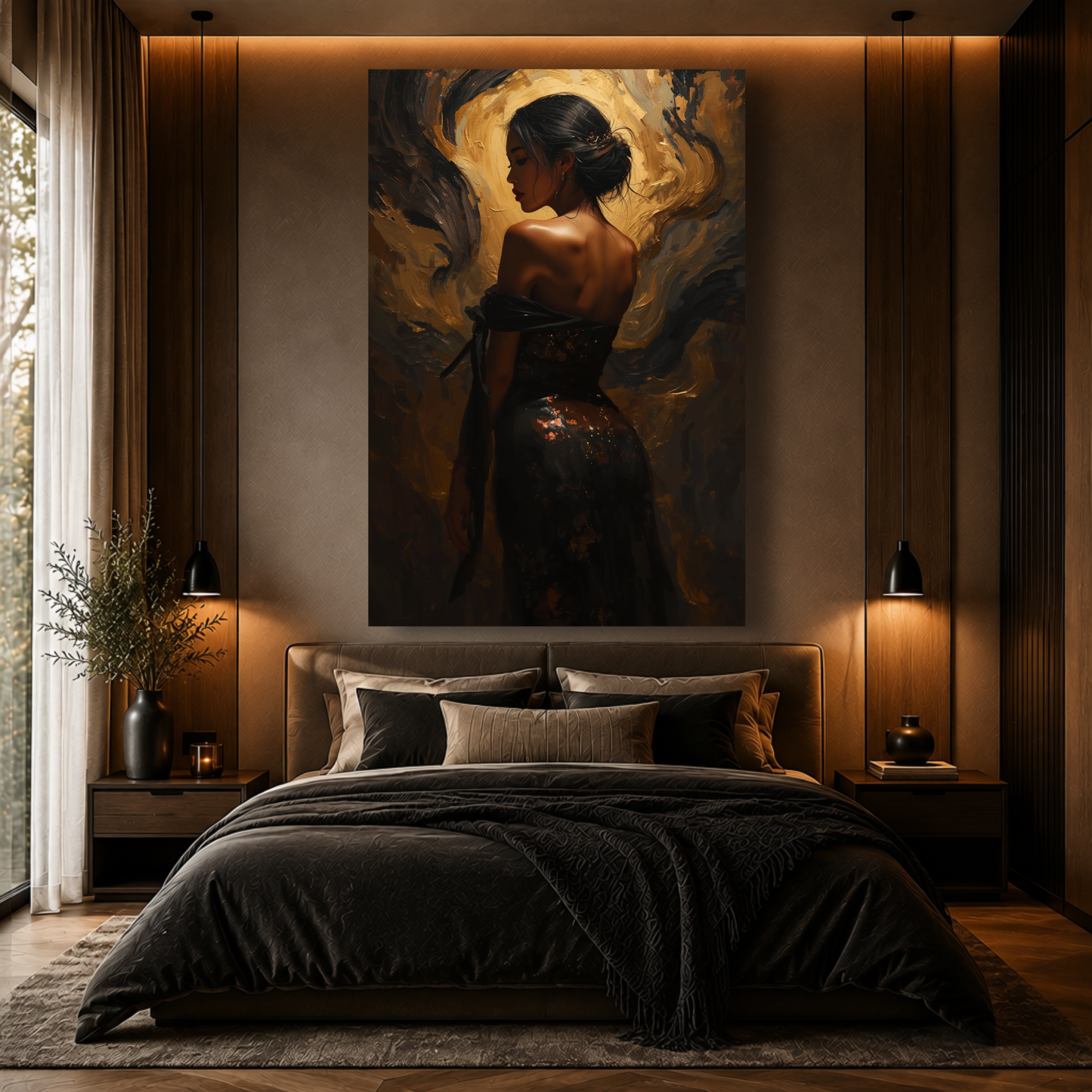 Golden Elegance Canvas Print – Luxury Abstract Female Portrait | Black, Gold & Bronze Wall Art