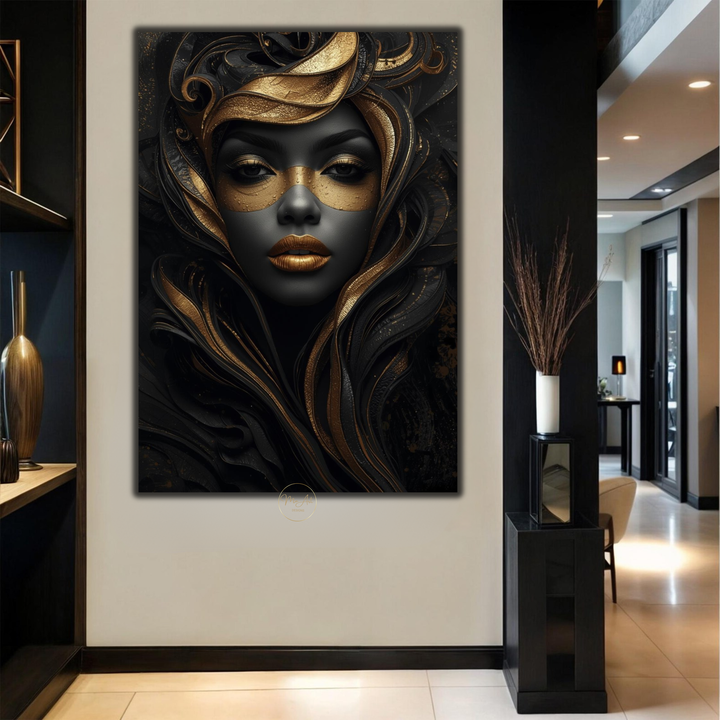 Black Woman Wall Art – Mysterious Black & Gold Afrocentric Canvas Print