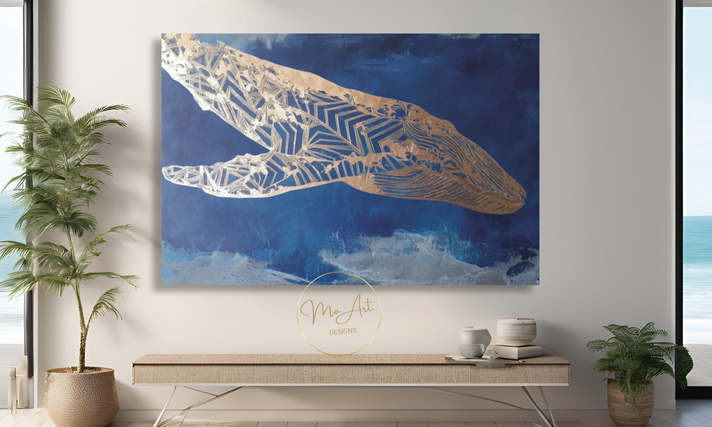 Gold and Blue Whale Abstract Canvas Wall Art