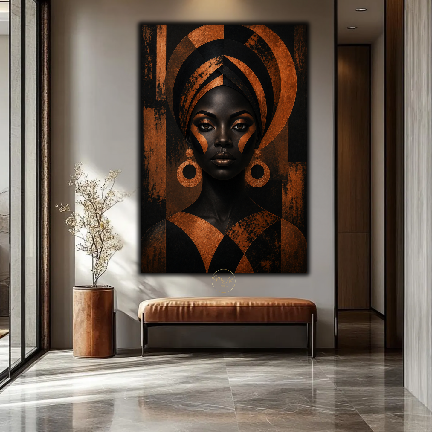 Black Woman Wall Art – Regal Afrocentric Copper & Black Portrait Canvas Print