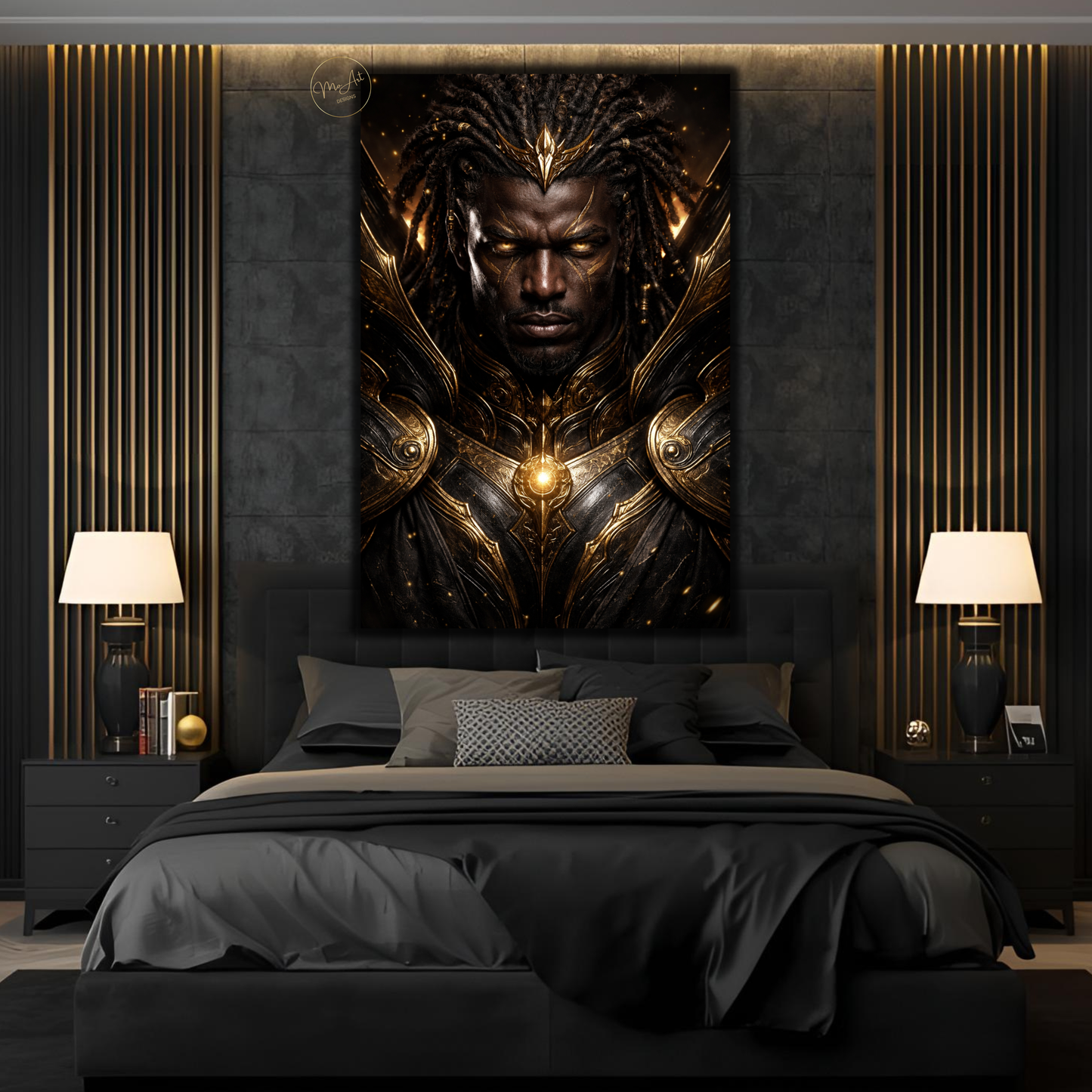 Black Warrior Wall Art – Powerful Afrocentric King in Black & Gold Armor Canvas Print