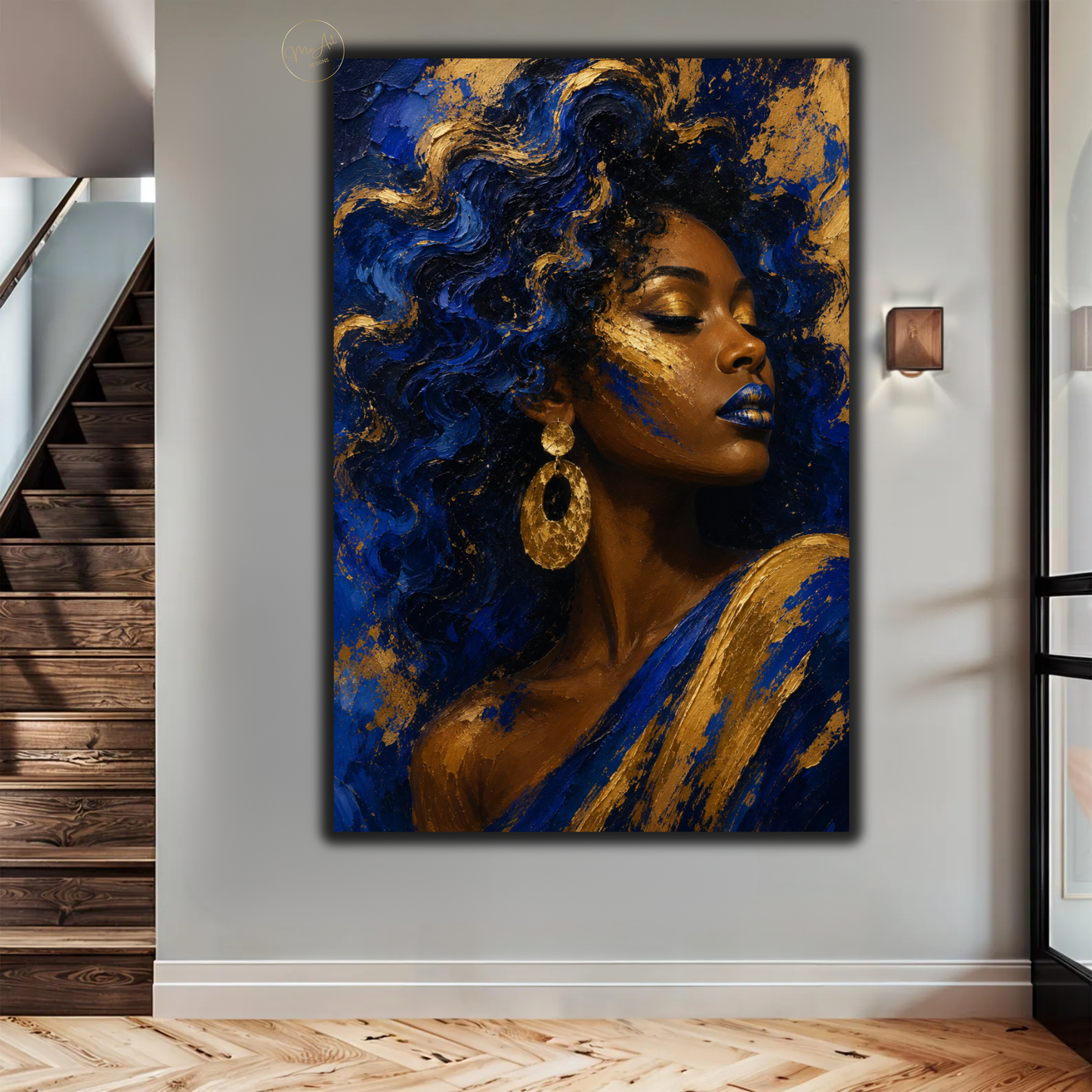 Black Woman Wall Art – Royal Blue & Gold Afrocentric Canvas Print | Abstract African American Woman Art