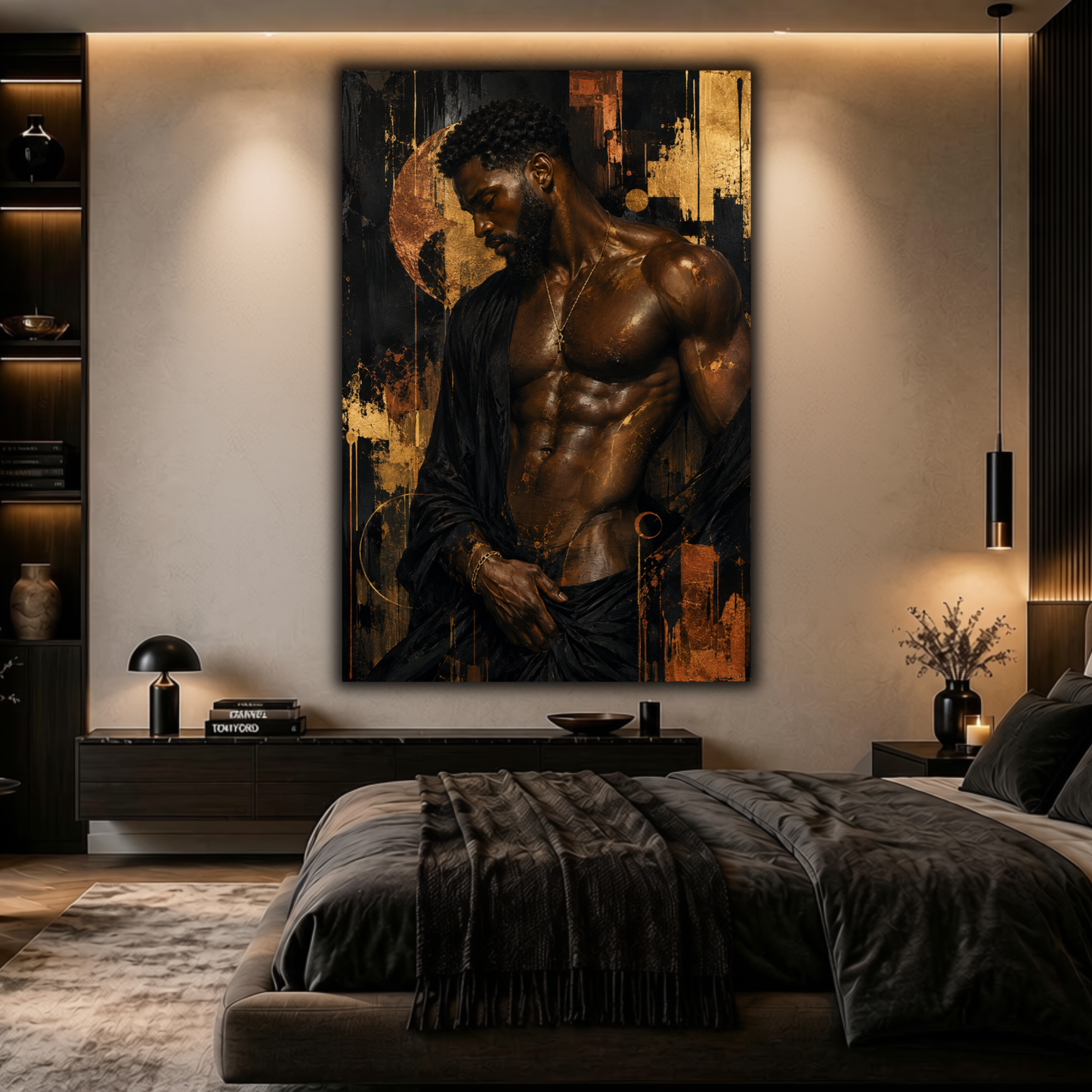 Black Man Wall Art - Seductive Afrocentric Canvas Print | Modern Black & Gold Masculine Wall Art