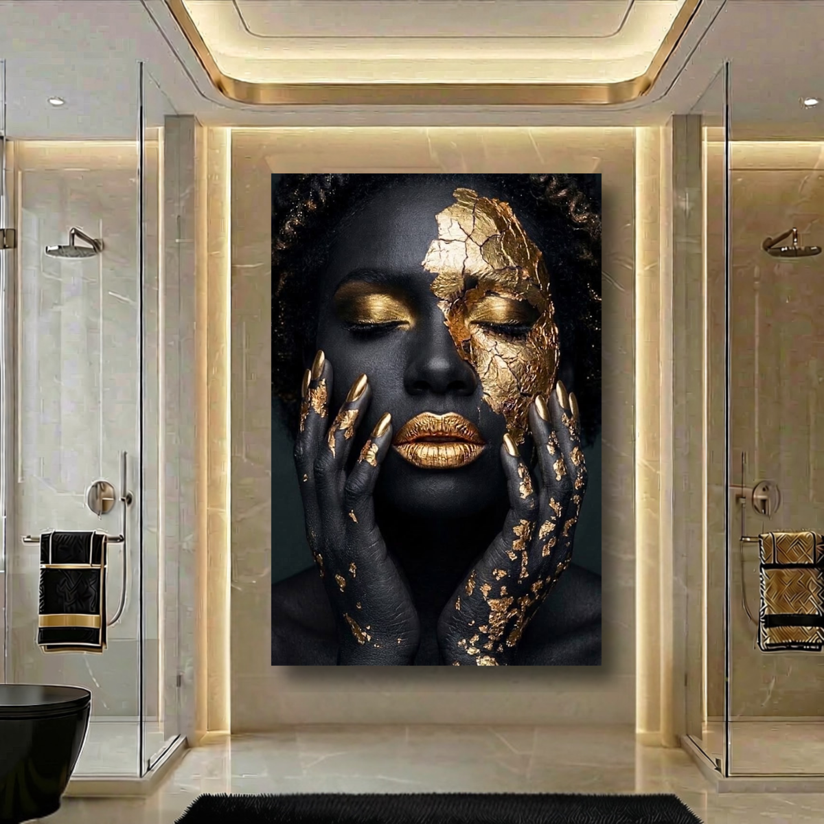 Black Woman Wall Art – Fractured Gold | Afrocentric Black & Gold Cracked Gold Leaf Canvas Print