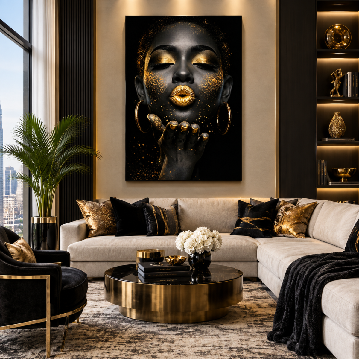 Black Woman Wall Art – Kiss of Gold | Afrocentric Gold Lips Black & Gold Canvas Print