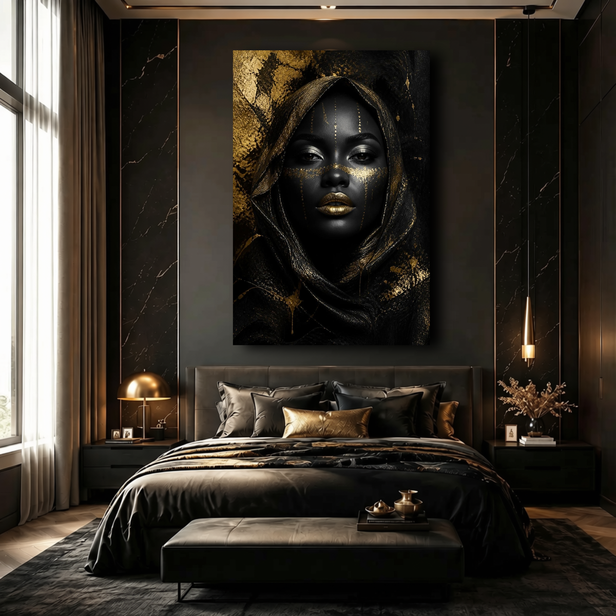Black Woman Wall Art – Obsidian Queen | Black & Gold Luxury Portrait Canvas Print