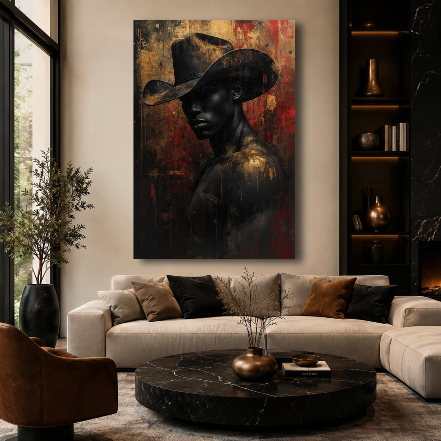 Black Man Wall Art – African American Cowboy Canvas Print | Abstract Black, Gold & Red Wall Art
