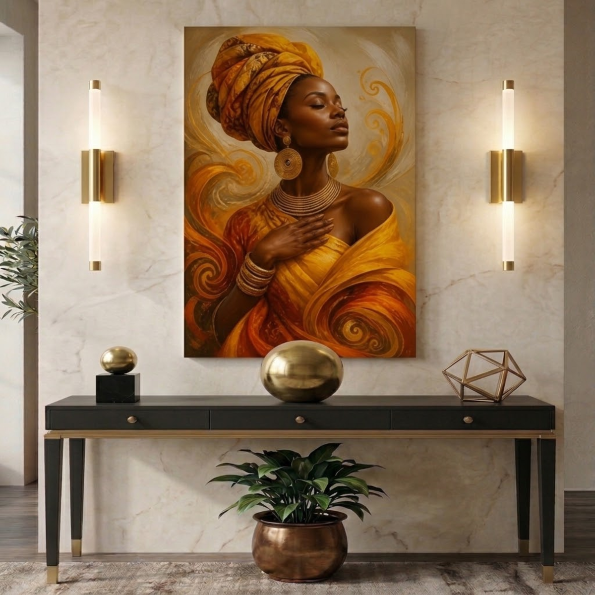 Black Woman Wall Art – Amber Serenity | Afrocentric Orange & Yellow Canvas Print