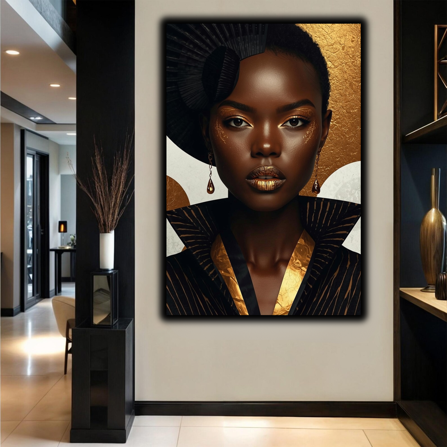 Black Woman Wall Art - Afrocentric Fashion in Black & Gold Canvas Print | Luxury African American Portrait Wall Decor