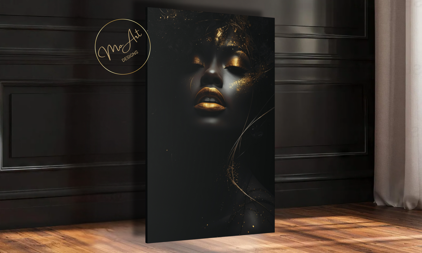 Black Woman with Gold Lips – Luxury Canvas Wall Art