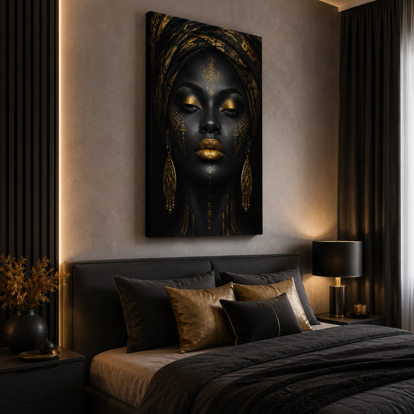 Black Woman Wall Art – Abstract Afrocentric Canvas Print | Black & Gold Wall Decor