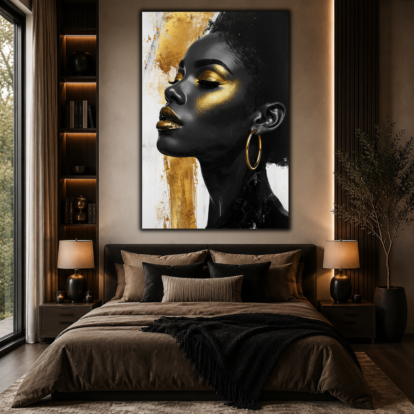 Black Woman Wall Art – Afrocentric Beauty in Black, Gold & White Canvas Print | Modern Luxury Home Decor