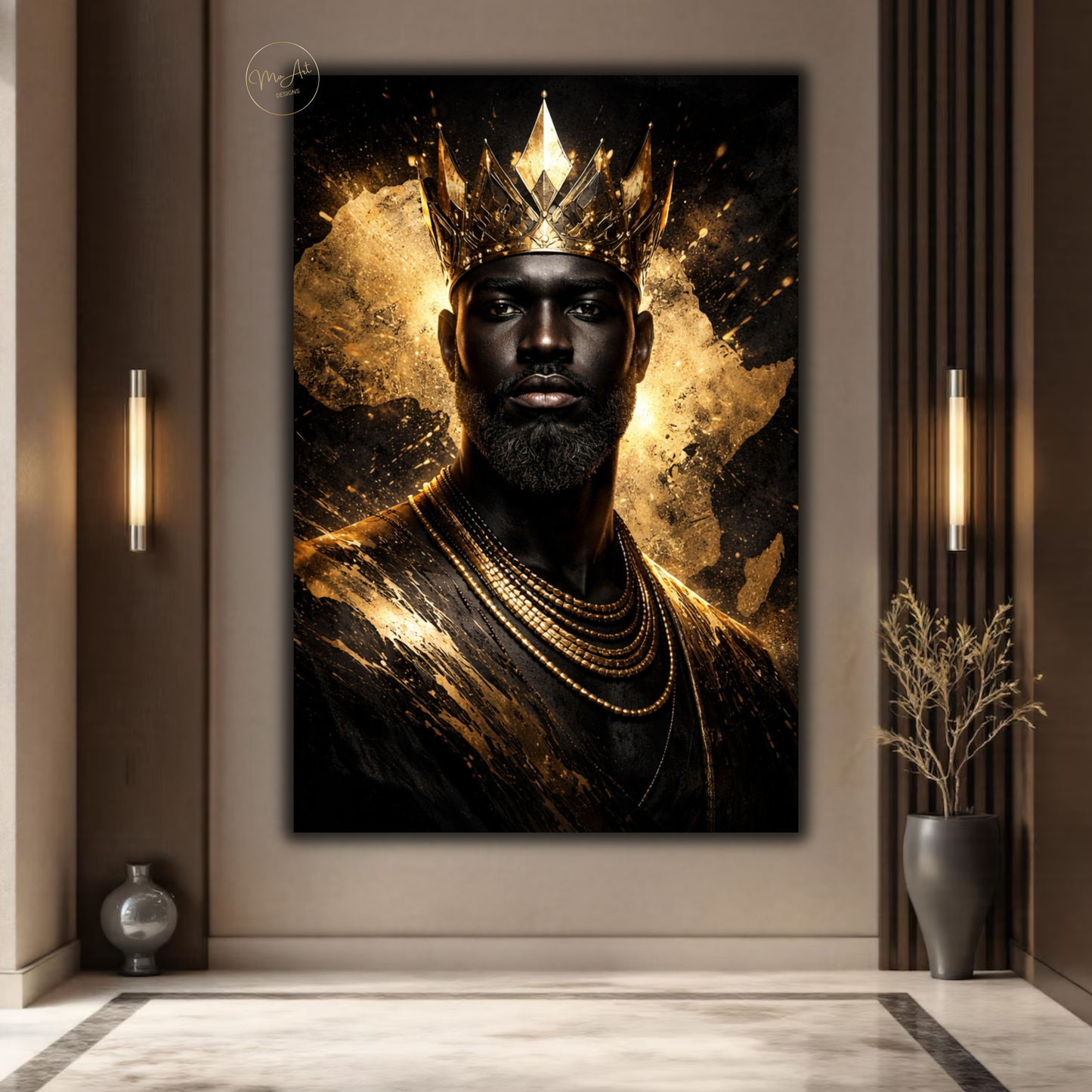Black King Wall Art – African Royalty Gold Crown Canvas Print for Modern Luxury Decor