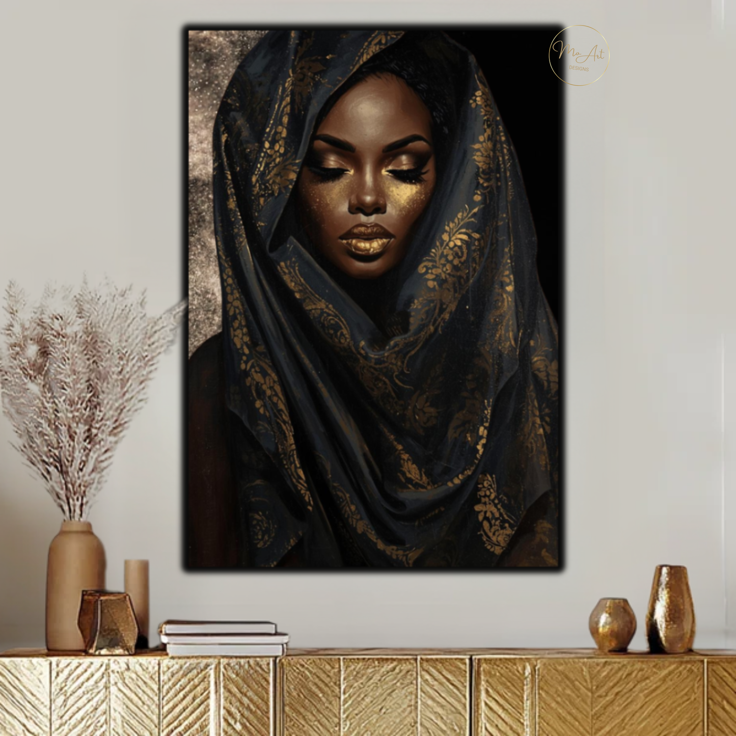 Black Woman Wall Art – Golden Veil Queen | Black & Gold Afrocentric Canvas Print