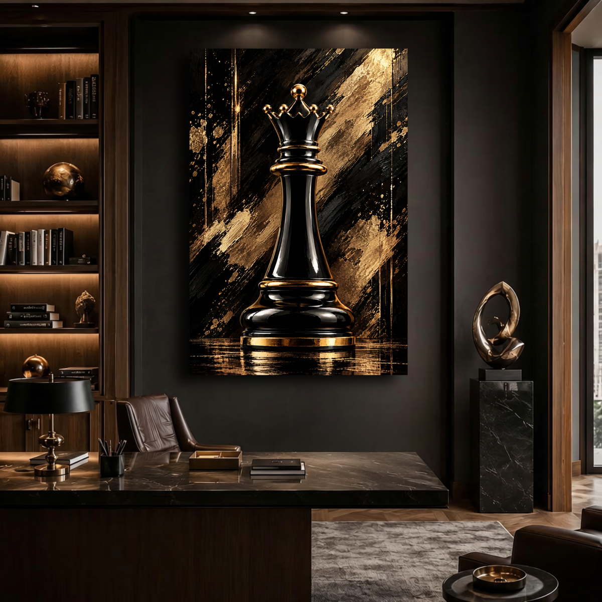 Black & Gold Queen Chess Piece Wall Art | Luxury Abstract Chess Canvas Print