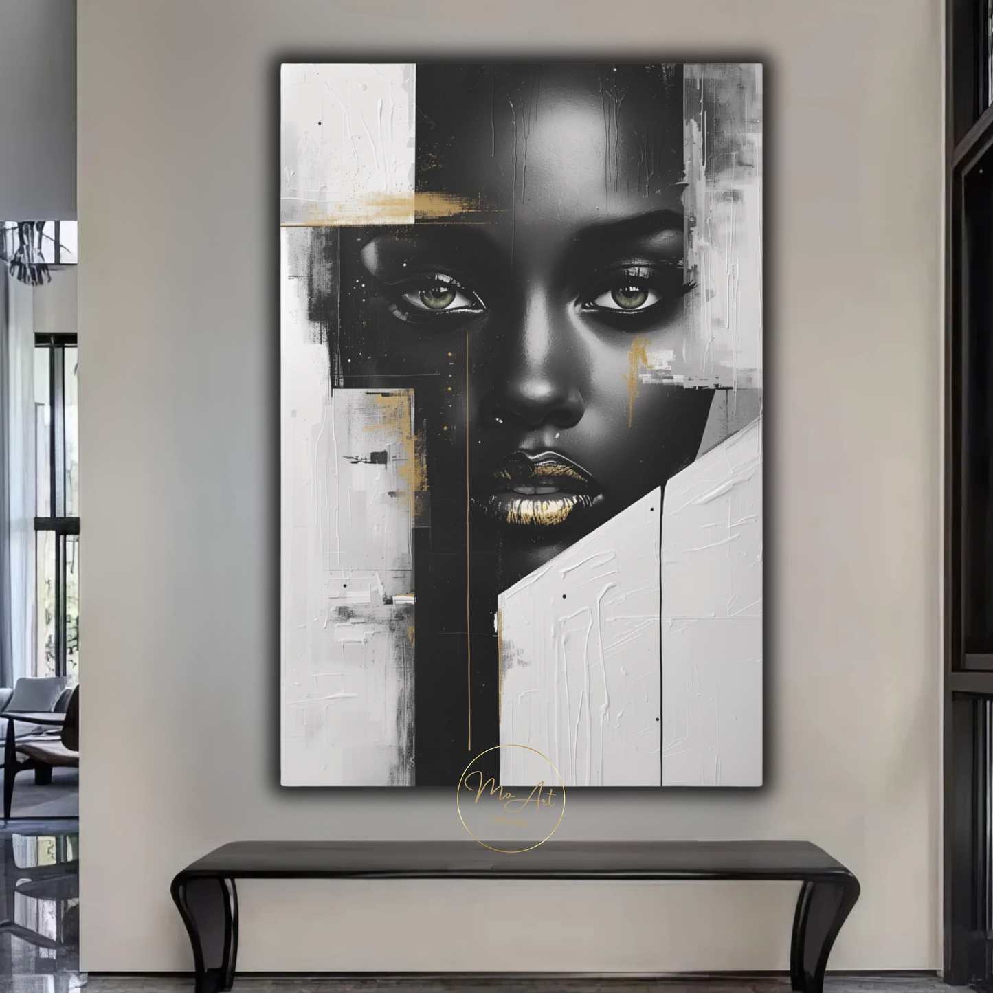 Black Woman Wall Art – Sovereign Gaze - Luxury Black, White & Gold Modern Canvas Print