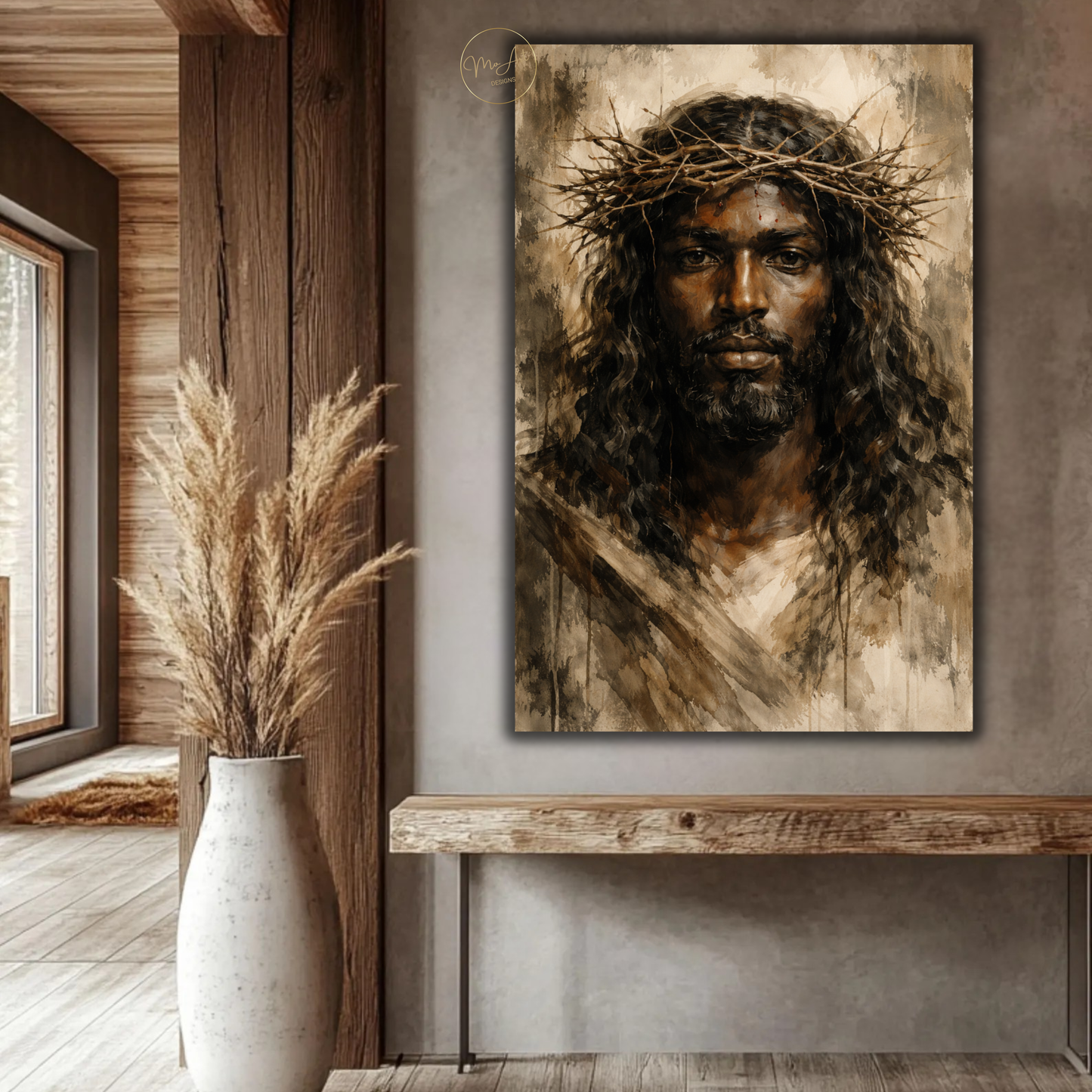 Black Jesus Wall Art – Neutral Abstract Christ Portrait with Crown of Thorns Canvas Print