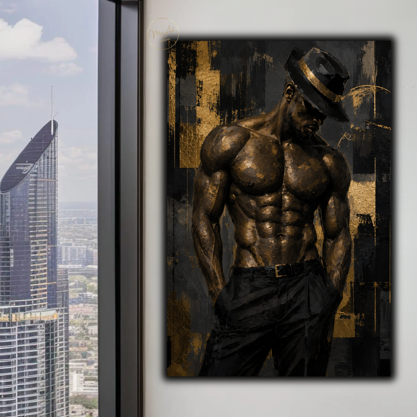 Black Man Wall Art – Sensual Afrocentric Gold & Black Abstract Masculine Canvas Print