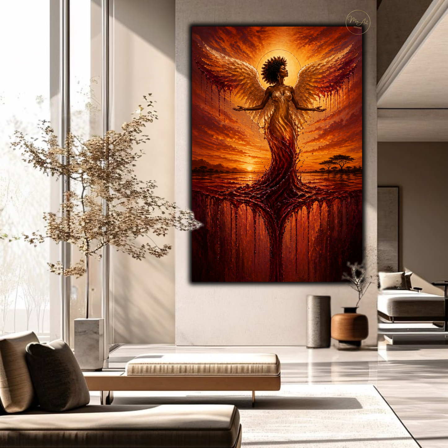Black Woman Wall Art – Divine Angel at Sunset | Afrocentric Abstract Canvas Print