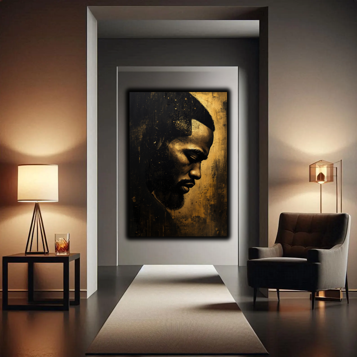 Black Man Wall Art Abstract Portrait | Black and Gold Canvas Print | African American Male Art  Modern Home Decor