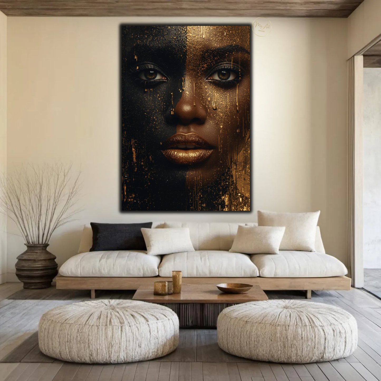 Black Woman Wall Art – Striking Gold Drip | Afrocentric Black & Gold Canvas Print