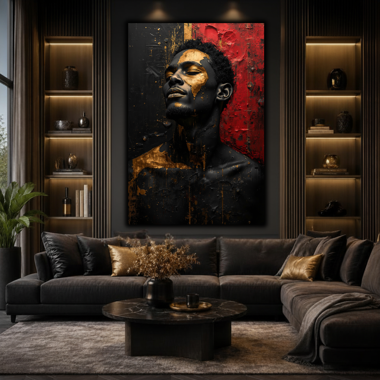 Black Man Wall Art - Afrocentric Abstract Canvas Print in Black, Gold & Red