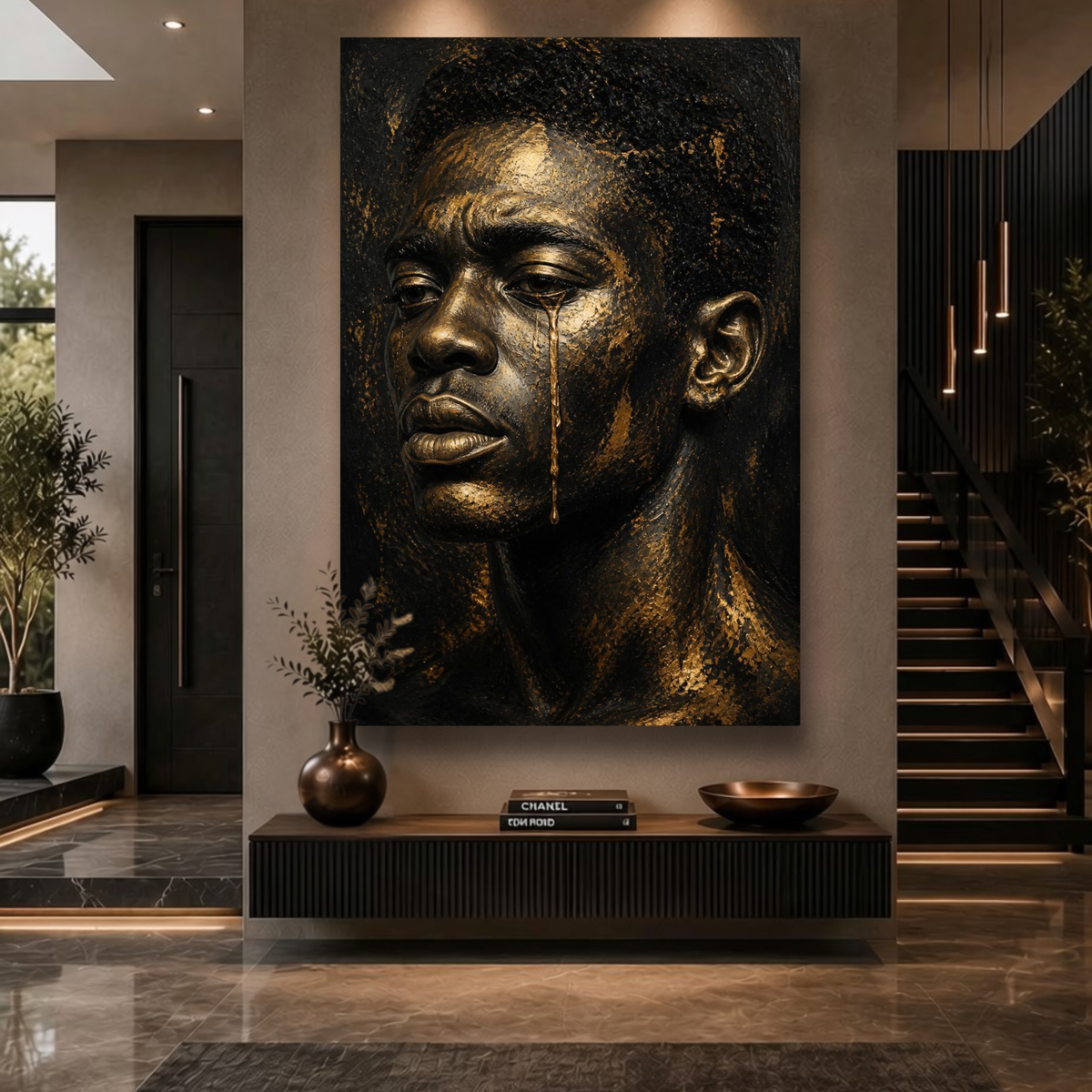 Black Man Wall Art – Golden Tears | Emotional Black & Gold Canvas Print