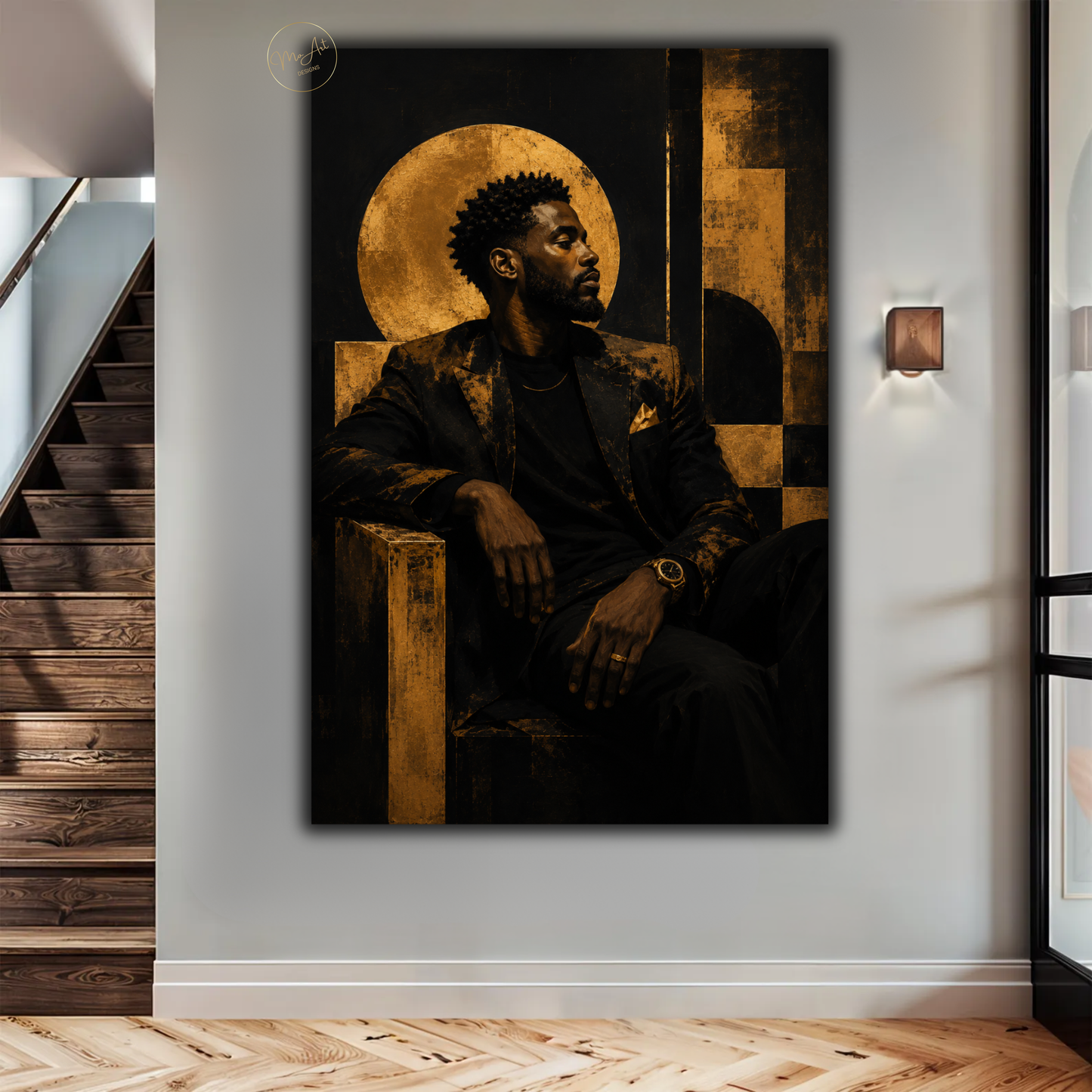 Black Man Wall Art – Abstract Gold & Black Afrocentric Portrait Canvas Print