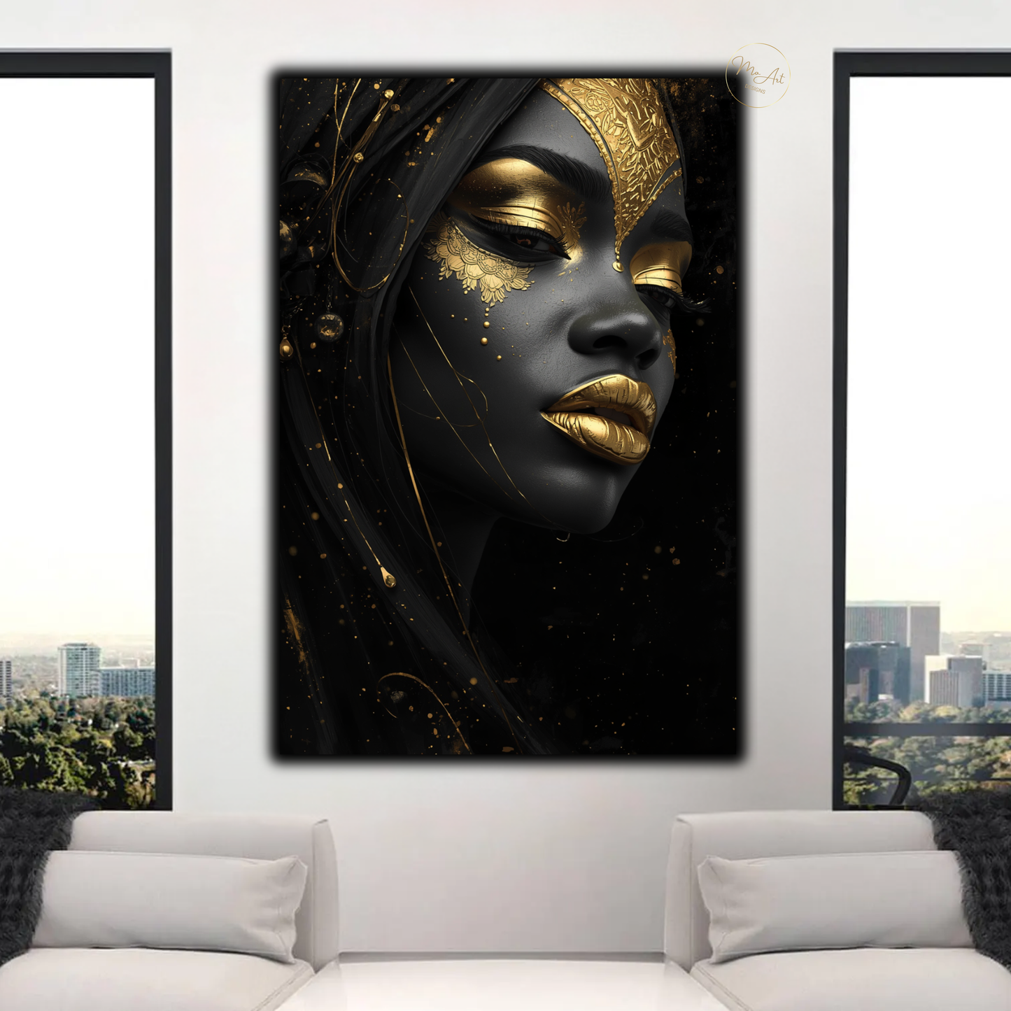 Black Woman Wall Art – Striking Gold & Black Beauty | Afrocentric Luxury Canvas Print