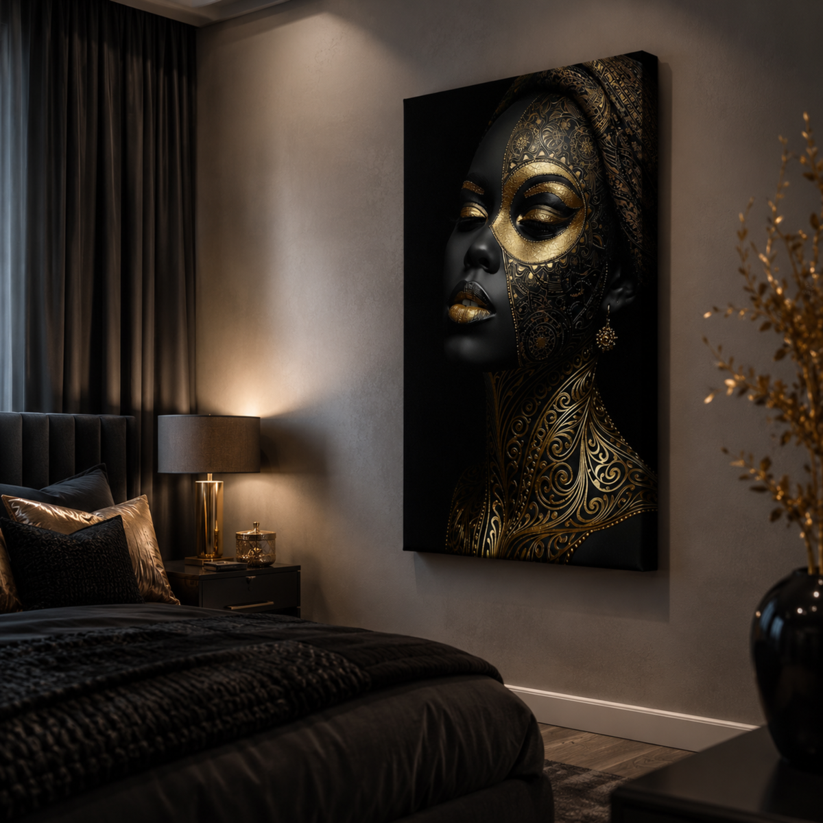 Black Woman Wall Art - Afrocentric Black & Gold Canvas Print | Luxury Home Decor